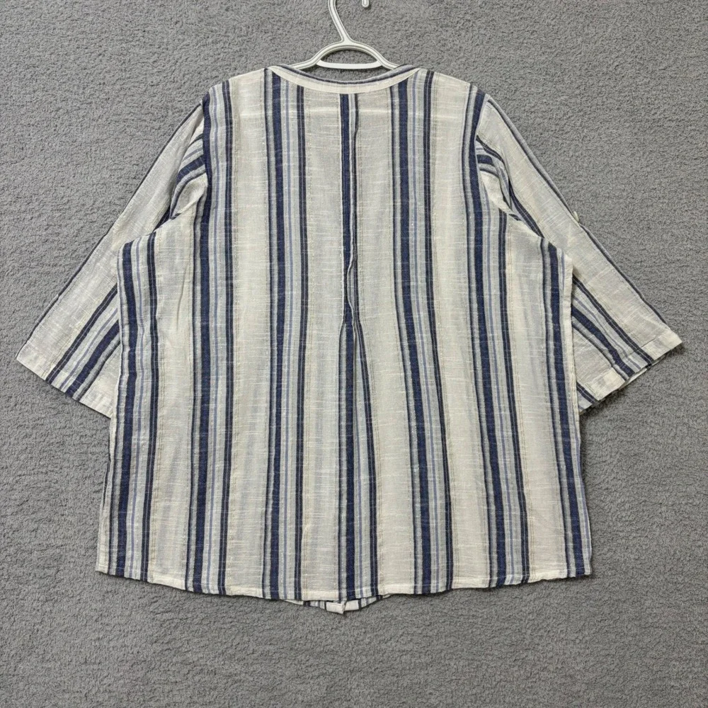 Comfortable Cotton Blend Blouse Roll Tab Sleeve Lightweight Blue Stripe 3X